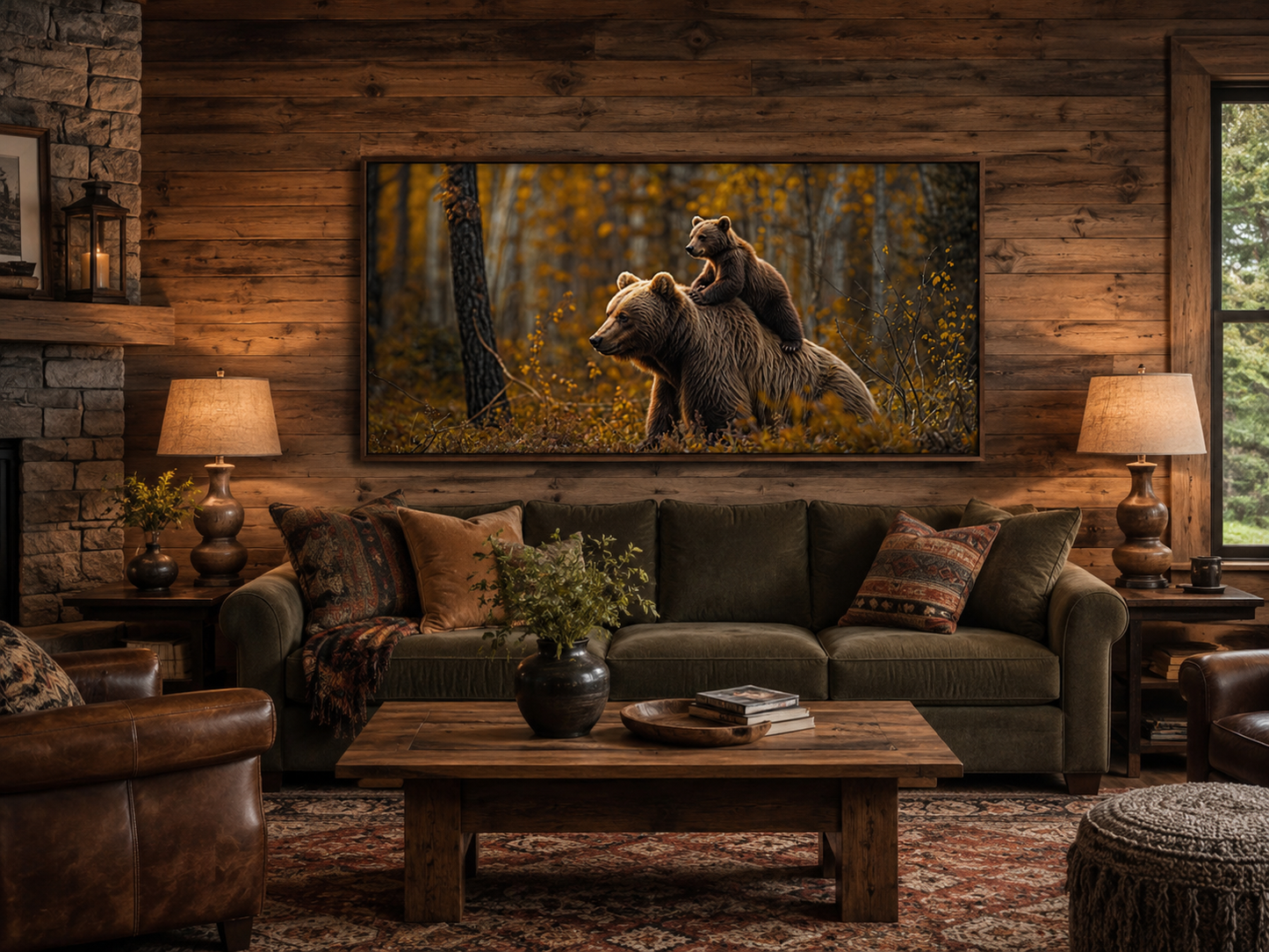 Baby Bear Riding Mama Bear In Autumn Forest Framed Canvas Wall Art For Cabin Decor