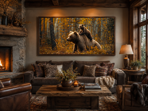 Baby Bear Riding Mama Bear In Autumn Forest Framed Canvas Wall Art For Cabin Decor