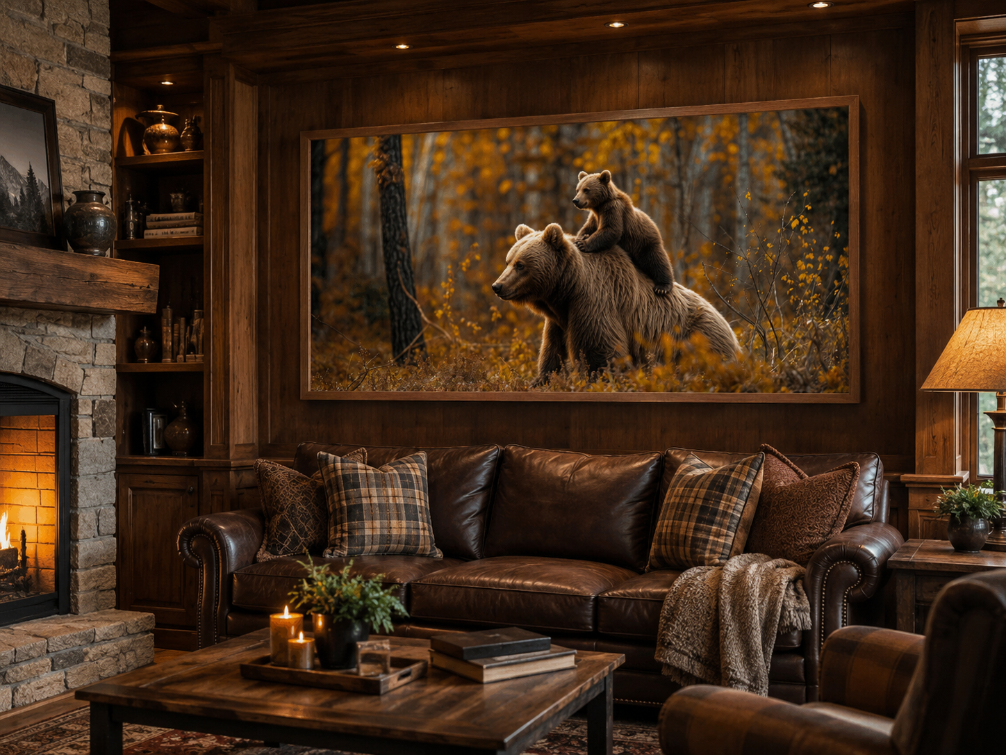 Baby Bear Riding Mama Bear In Autumn Forest Framed Canvas Wall Art For Cabin Decor