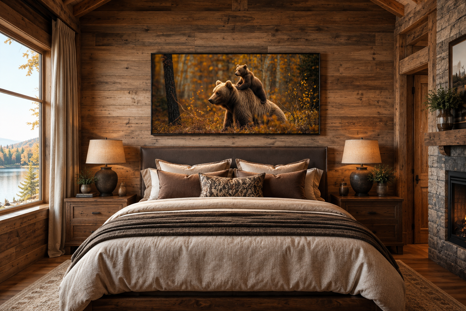 Baby Bear Riding Mama Bear In Autumn Forest Framed Canvas Wall Art For Cabin Decor