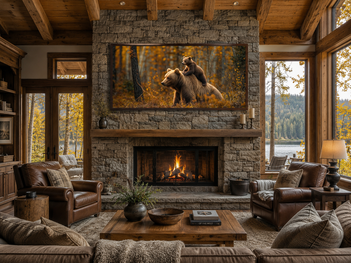 Baby Bear Riding Mama Bear In Autumn Forest Framed Canvas Wall Art For Cabin Decor