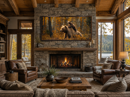 Baby Bear Riding Mama Bear In Autumn Forest Framed Canvas Wall Art For Cabin Decor