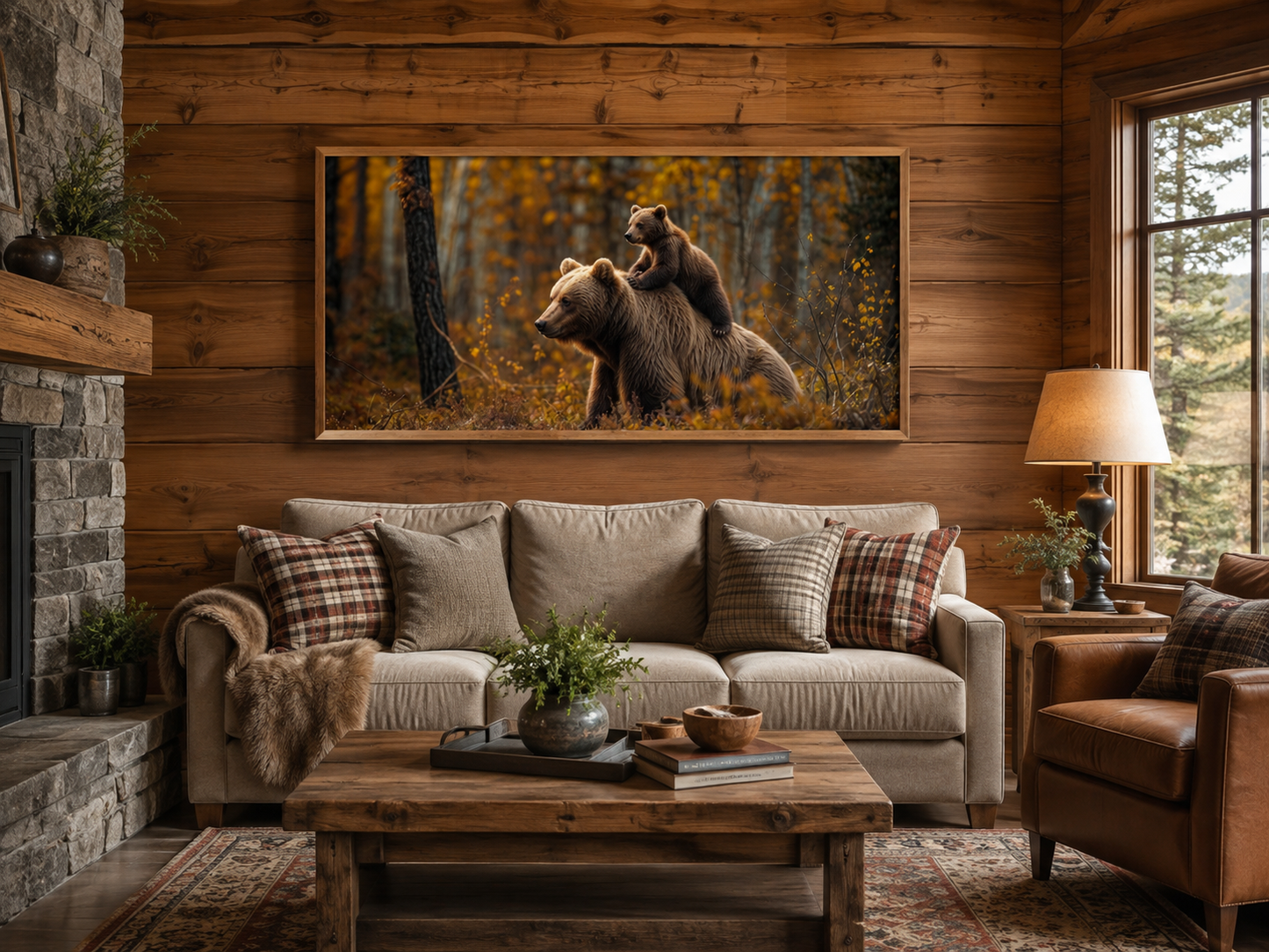 Baby Bear Riding Mama Bear In Autumn Forest Framed Canvas Wall Art For Cabin Decor