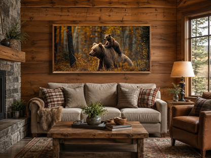 Baby Bear Riding Mama Bear In Autumn Forest Framed Canvas Wall Art For Cabin Decor
