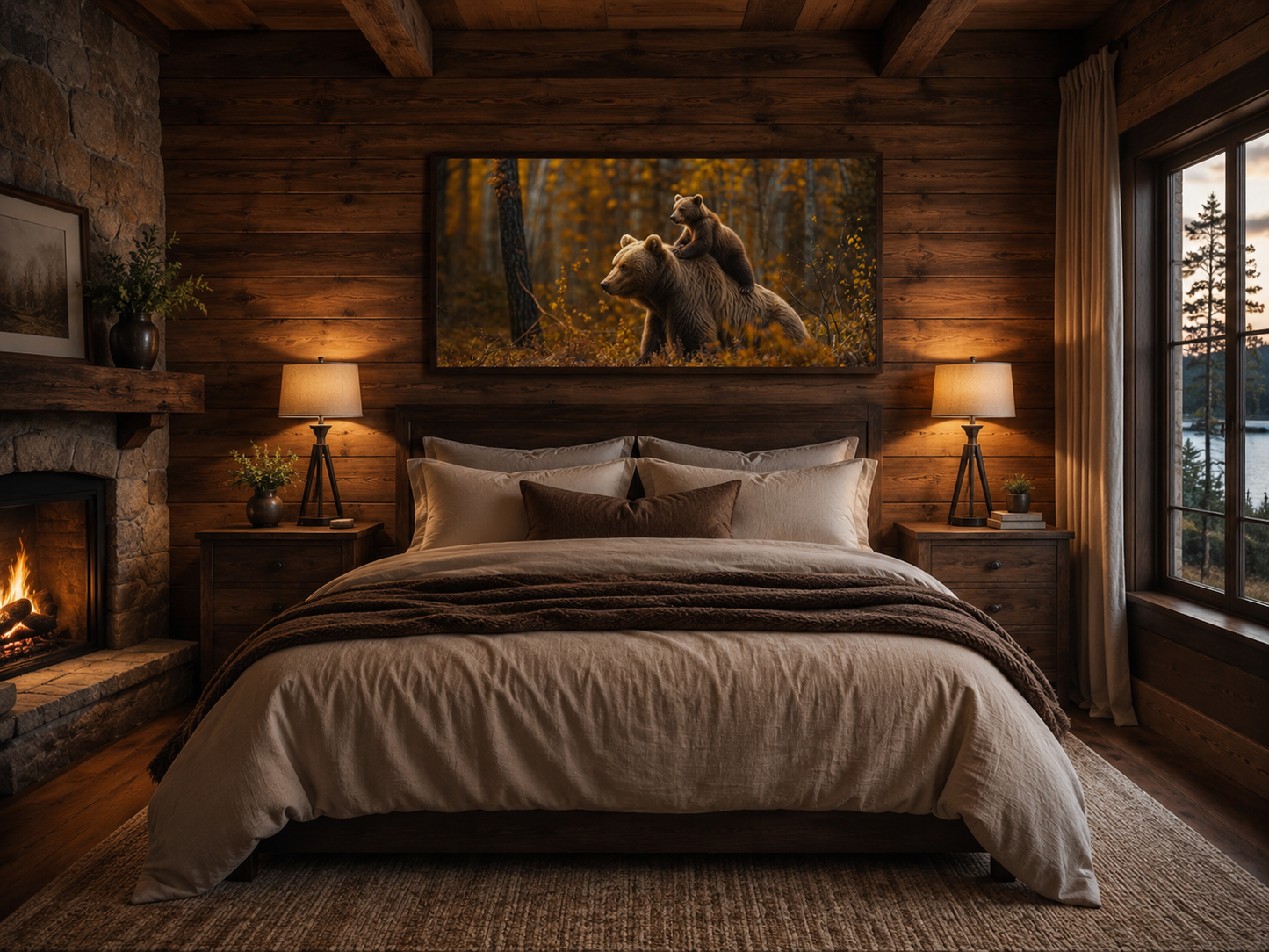Baby Bear Riding Mama Bear In Autumn Forest Framed Canvas Wall Art For Cabin Decor