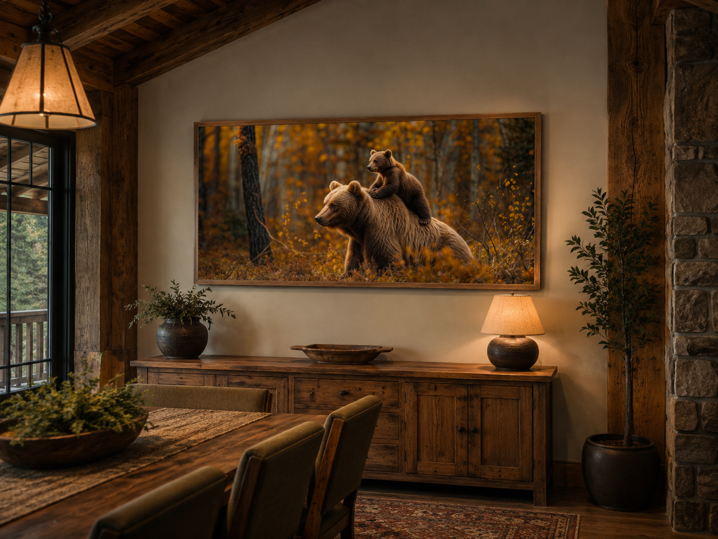 Baby Bear Riding Mama Bear In Autumn Forest Framed Canvas Wall Art For Cabin Decor