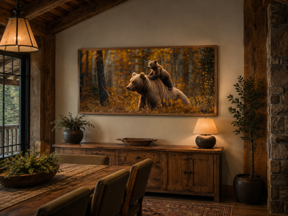 Baby Bear Riding Mama Bear In Autumn Forest Framed Canvas Wall Art For Cabin Decor
