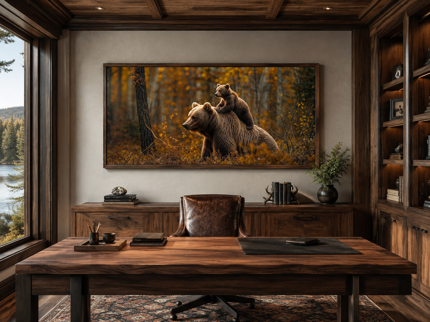 Baby Bear Riding Mama Bear In Autumn Forest Framed Canvas Wall Art For Cabin Decor