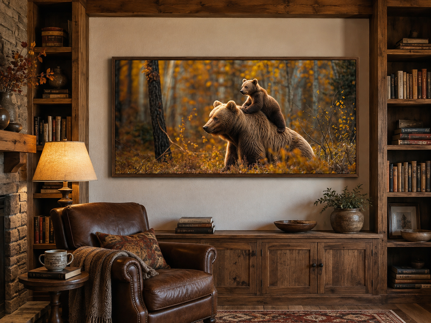 Baby Bear Riding Mama Bear In Autumn Forest Framed Canvas Wall Art For Cabin Decor