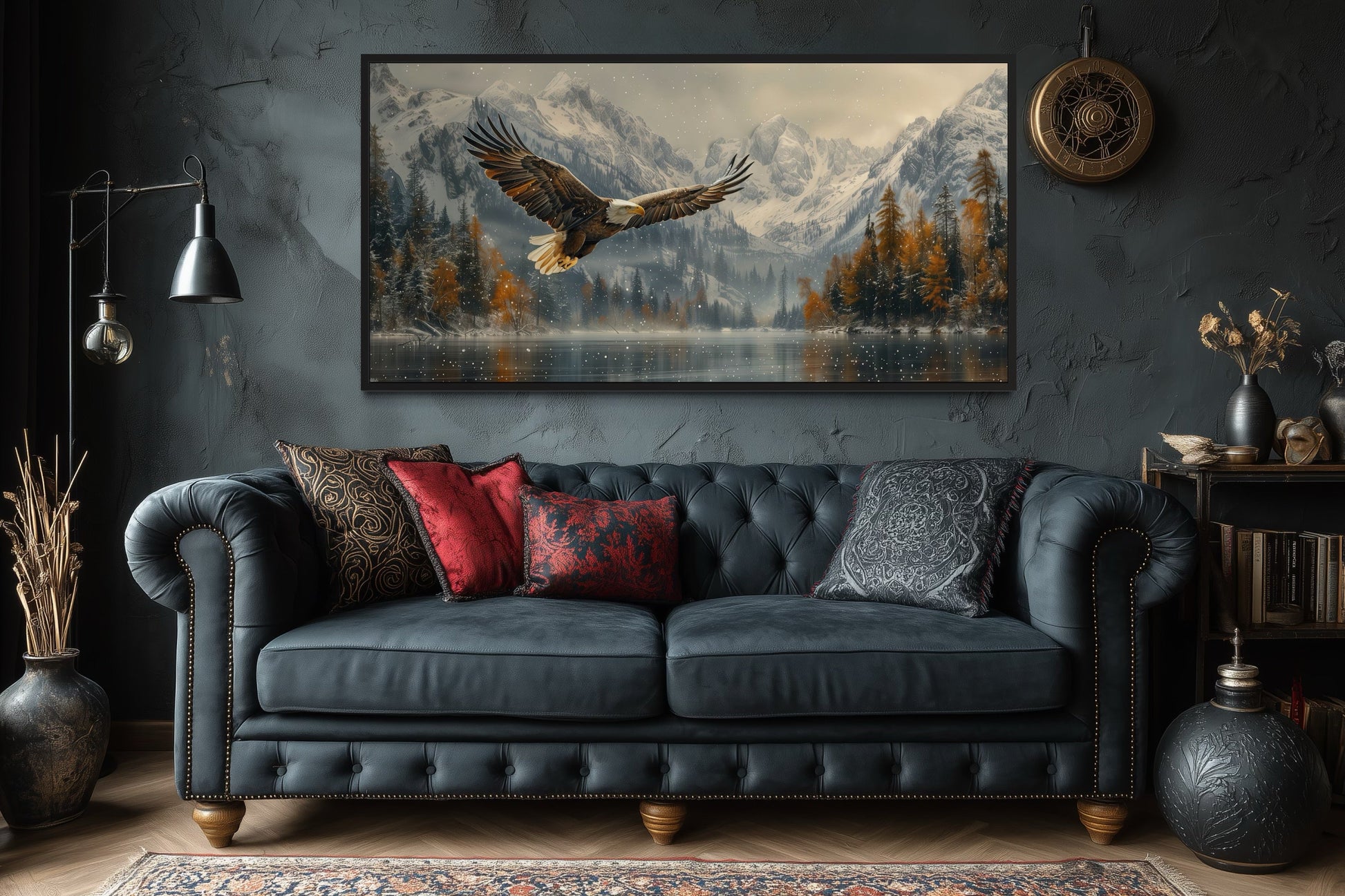 Bald Eagle Flying Over Snowy Mountain Lake - Mens Office Wall Art