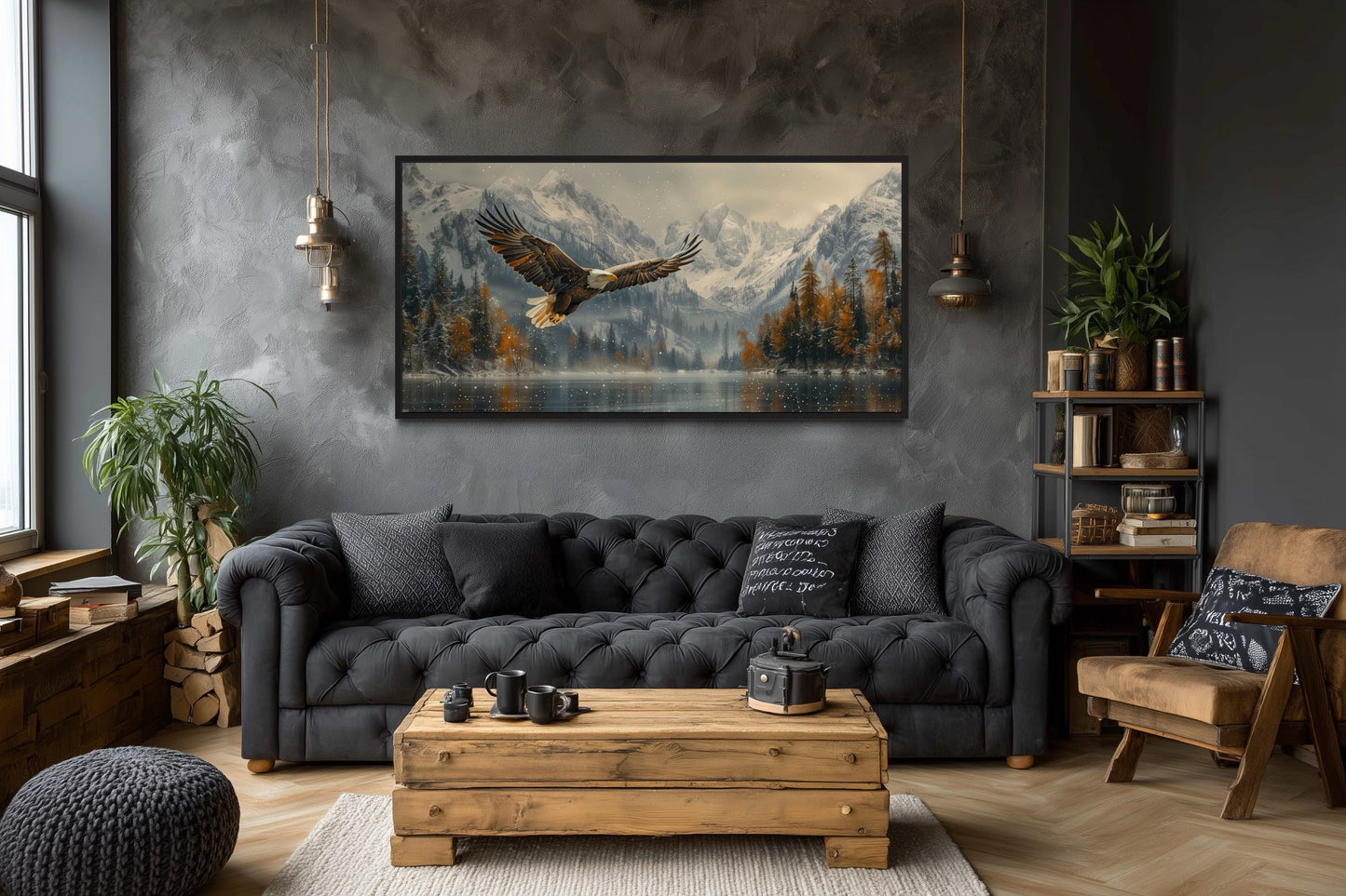 Bald Eagle Flying Over Snowy Mountain Lake - Mens Office Wall Art