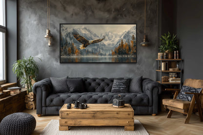 Bald Eagle Flying Over Snowy Mountain Lake - Mens Office Wall Art