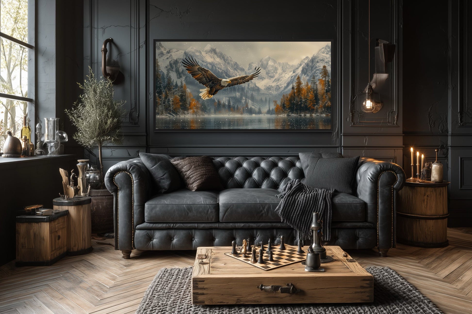 Bald Eagle Flying Over Snowy Mountain Lake - Mens Office Wall Art