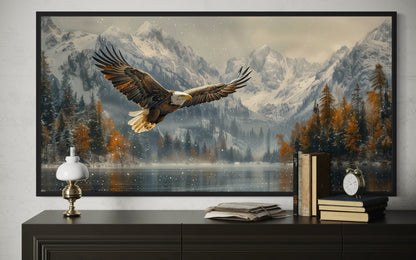 Bald Eagle Flying Over Snowy Mountain Lake - Mens Office Wall Art