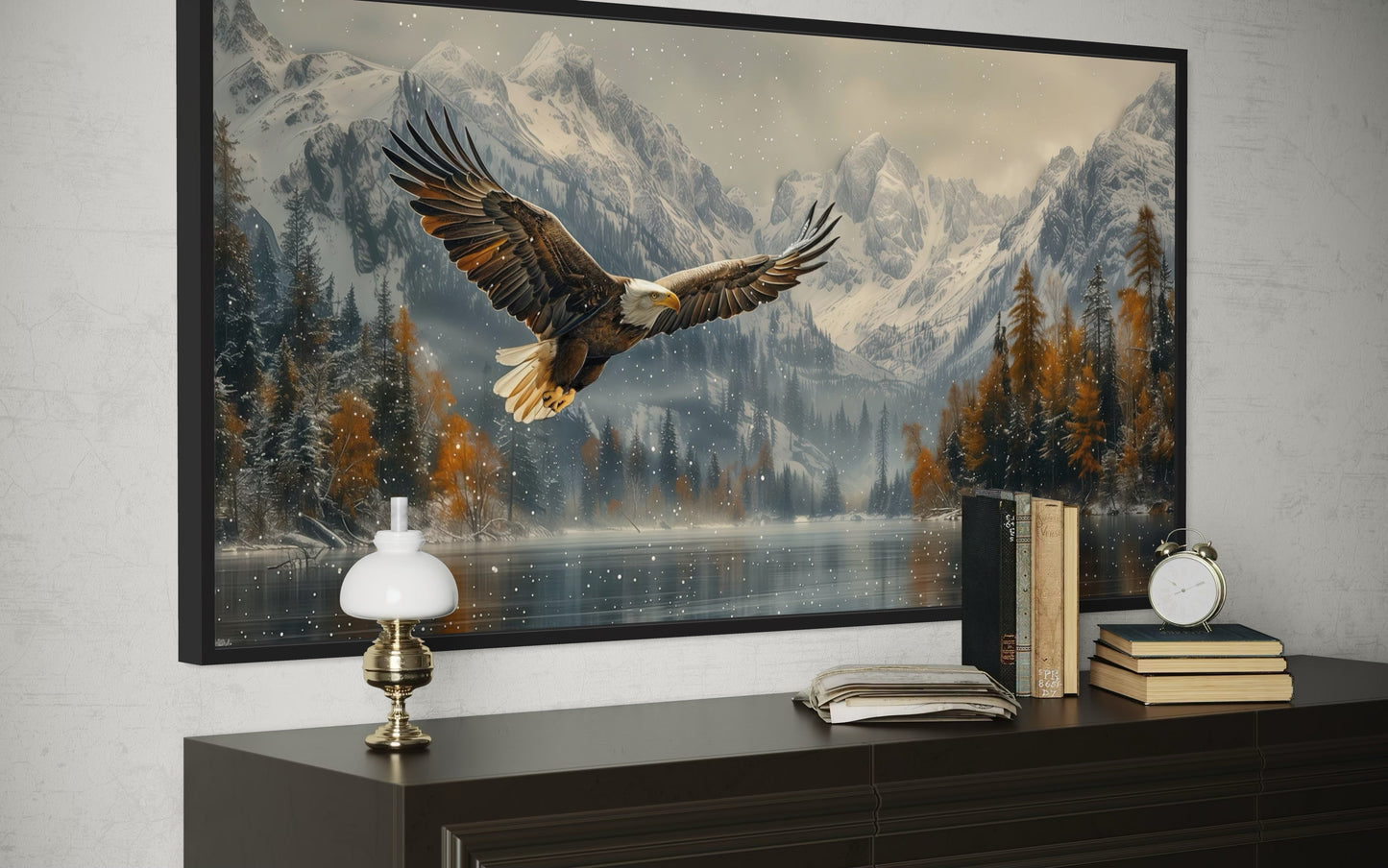Bald Eagle Flying Over Snowy Mountain Lake - Mens Office Wall Art