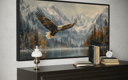 Bald Eagle Flying Over Snowy Mountain Lake - Mens Office Wall Art