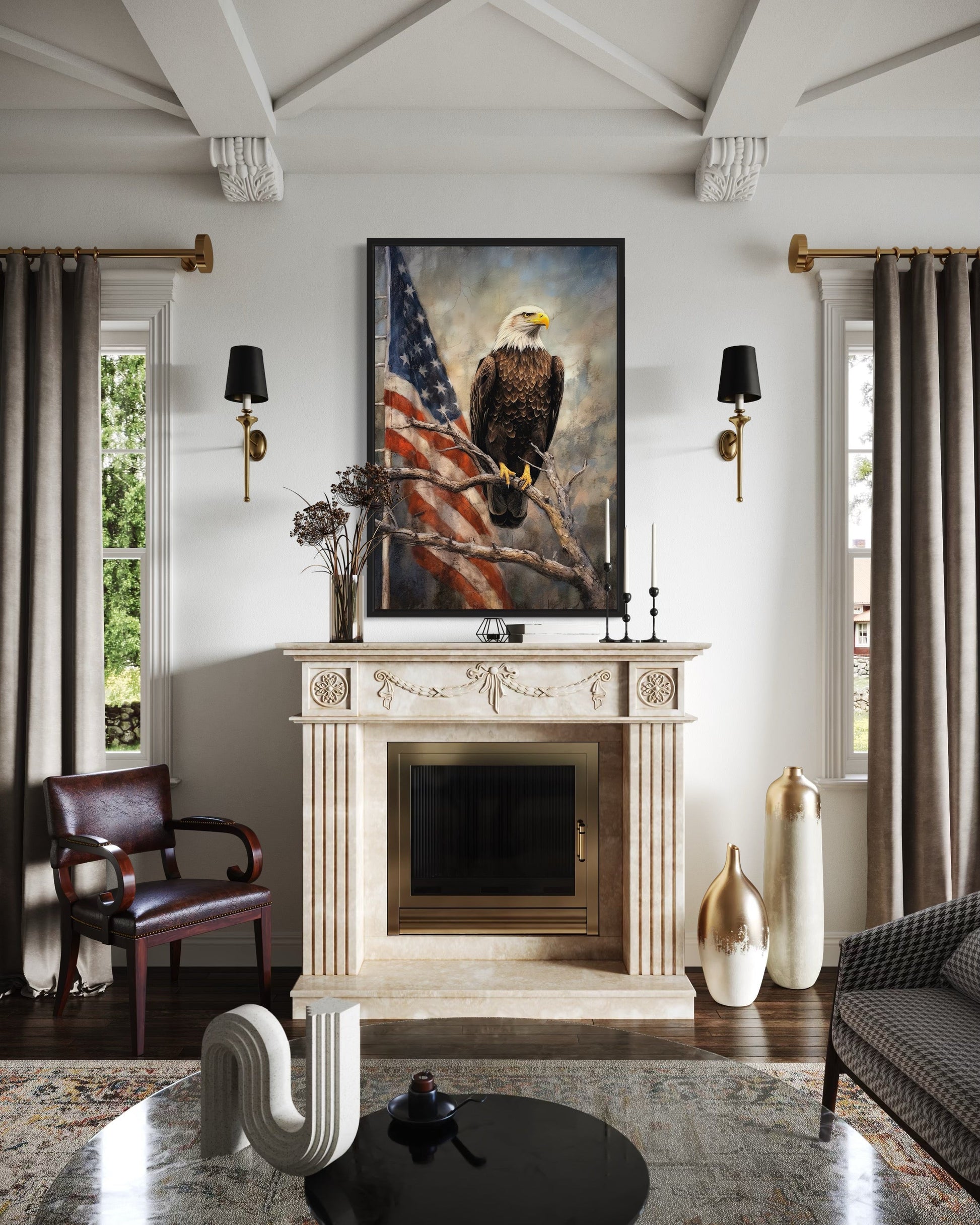 Bald Eagle With American Flag Framed Patriotic Wall Art