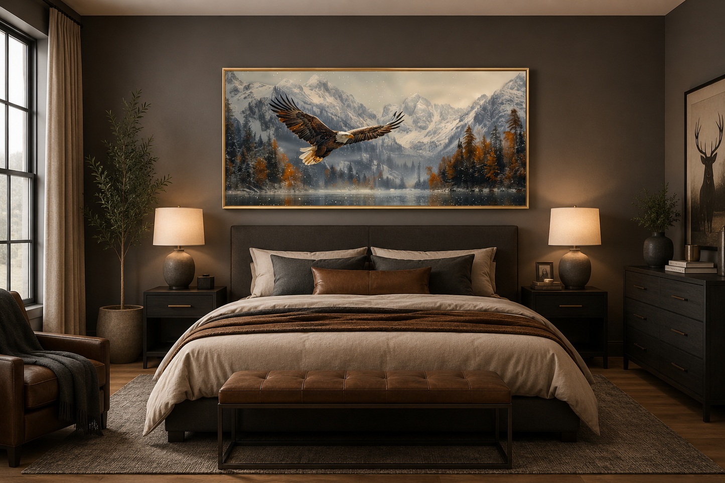 Bald Eagle Flying Over Snowy Mountain Lake - Mens Office Wall Art