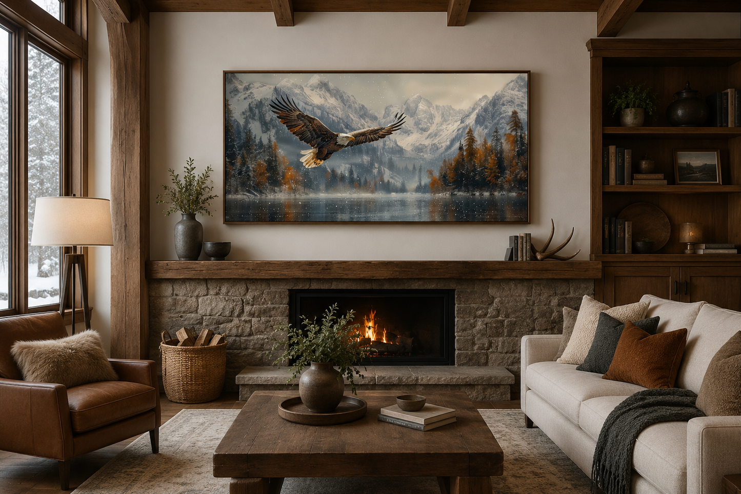 Bald Eagle Flying Over Snowy Mountain Lake - Mens Office Wall Art