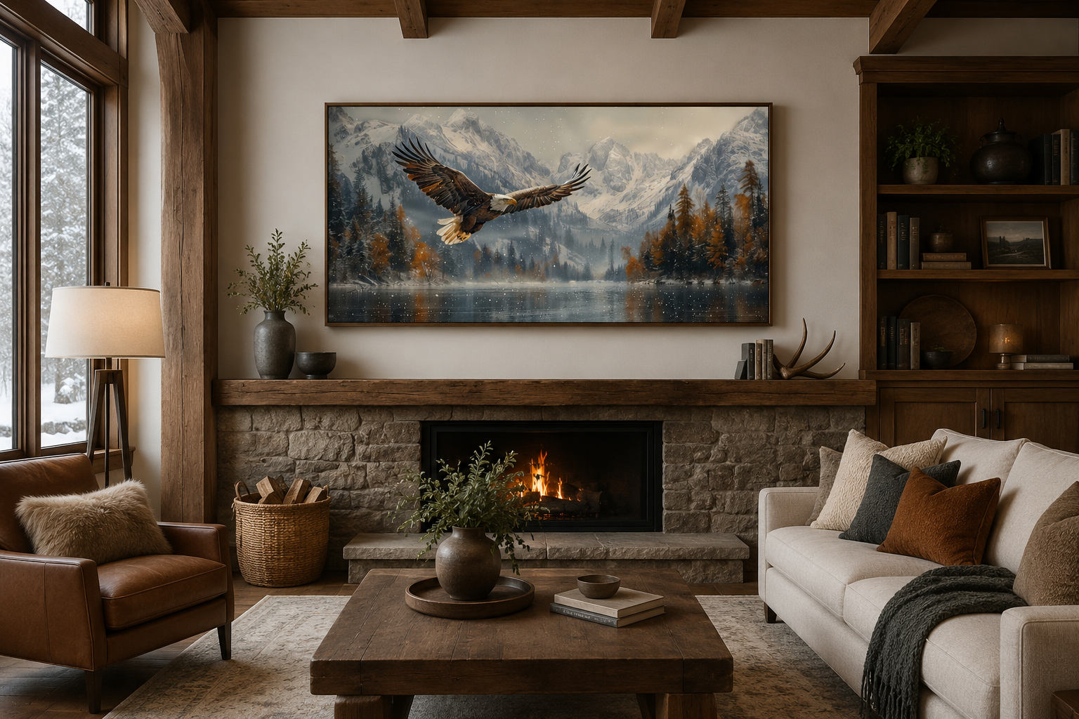 Bald Eagle Flying Over Snowy Mountain Lake - Mens Office Wall Art