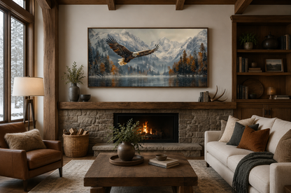 Bald Eagle Flying Over Snowy Mountain Lake - Mens Office Wall Art
