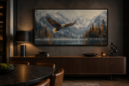 Bald Eagle Flying Over Snowy Mountain Lake - Mens Office Wall Art