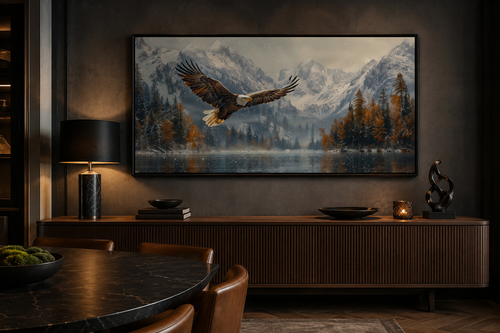 Bald Eagle Flying Over Snowy Mountain Lake - Mens Office Wall Art