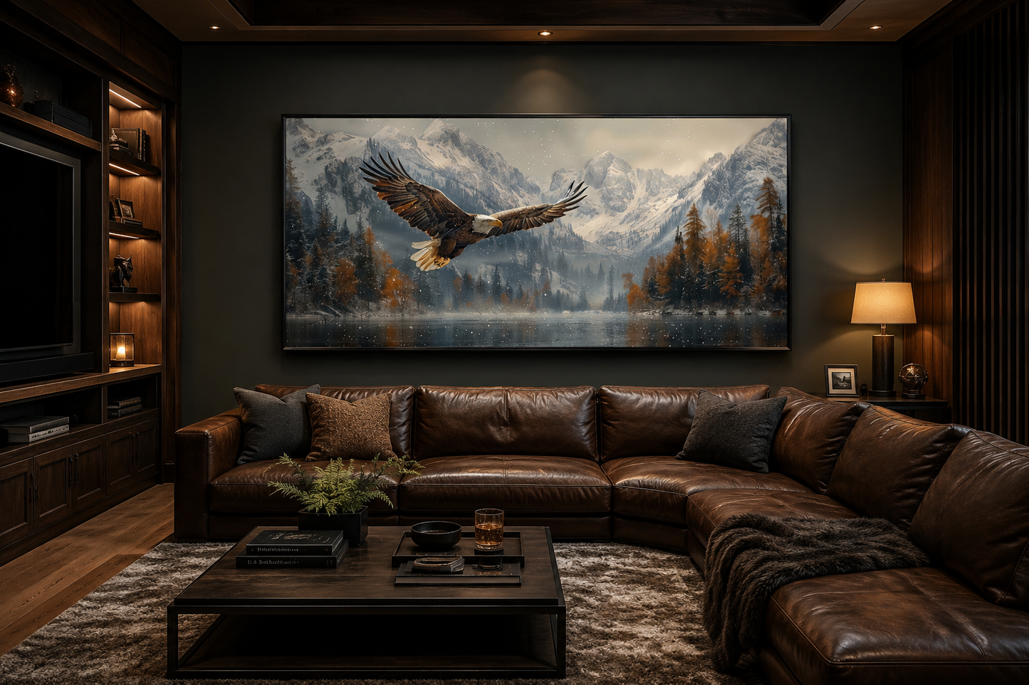 Bald Eagle Flying Over Snowy Mountain Lake - Mens Office Wall Art