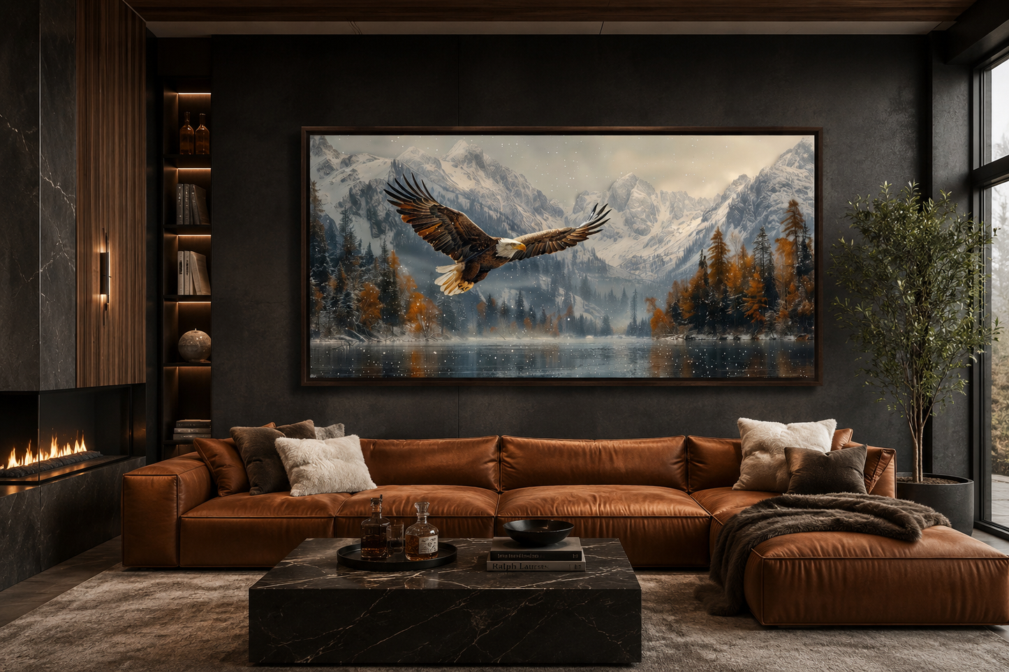 Bald Eagle Flying Over Snowy Mountain Lake - Mens Office Wall Art