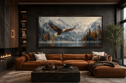 Bald Eagle Flying Over Snowy Mountain Lake - Mens Office Wall Art