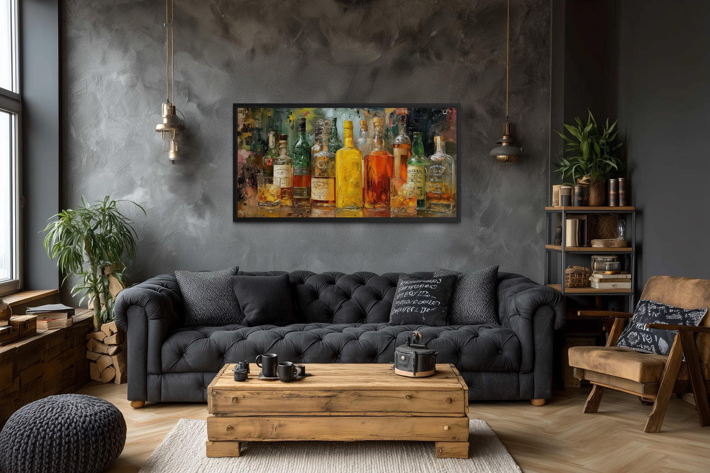 Bar Wall Art – Colorful Whiskey Bottle Art Canvas | Rustic Lounge Decor