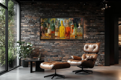 Bar Wall Art – Colorful Whiskey Bottle Art Canvas | Rustic Lounge Decor