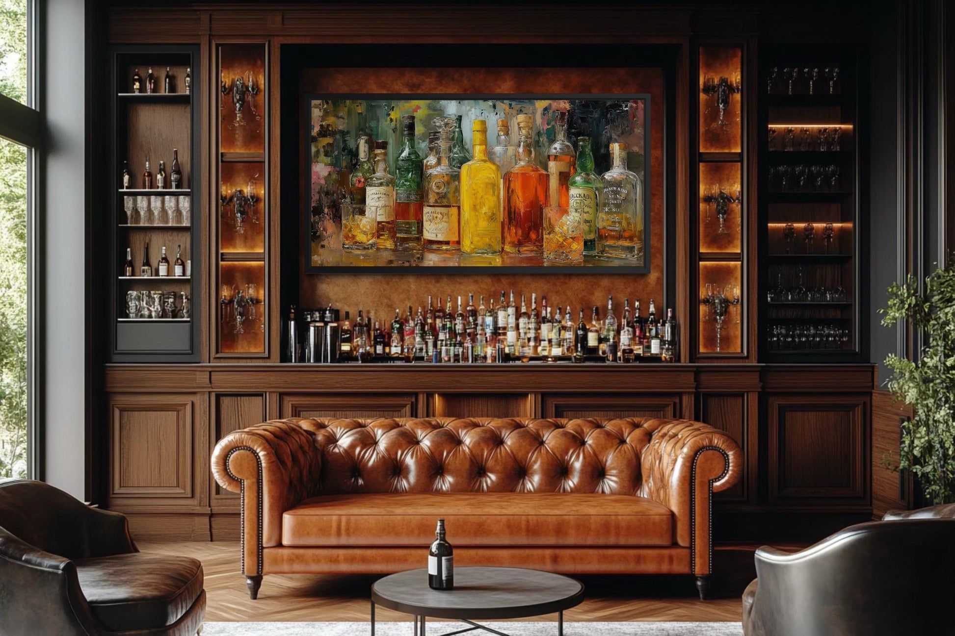 Bar Wall Art – Colorful Whiskey Bottle Art Canvas | Rustic Lounge Decor