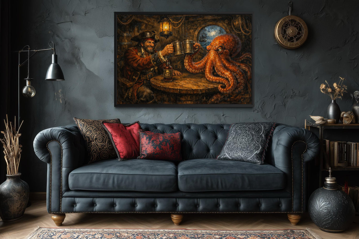 Bar Wall Art - Pirate and Octopus Drinking Rum Nautical Painting Canvas Print