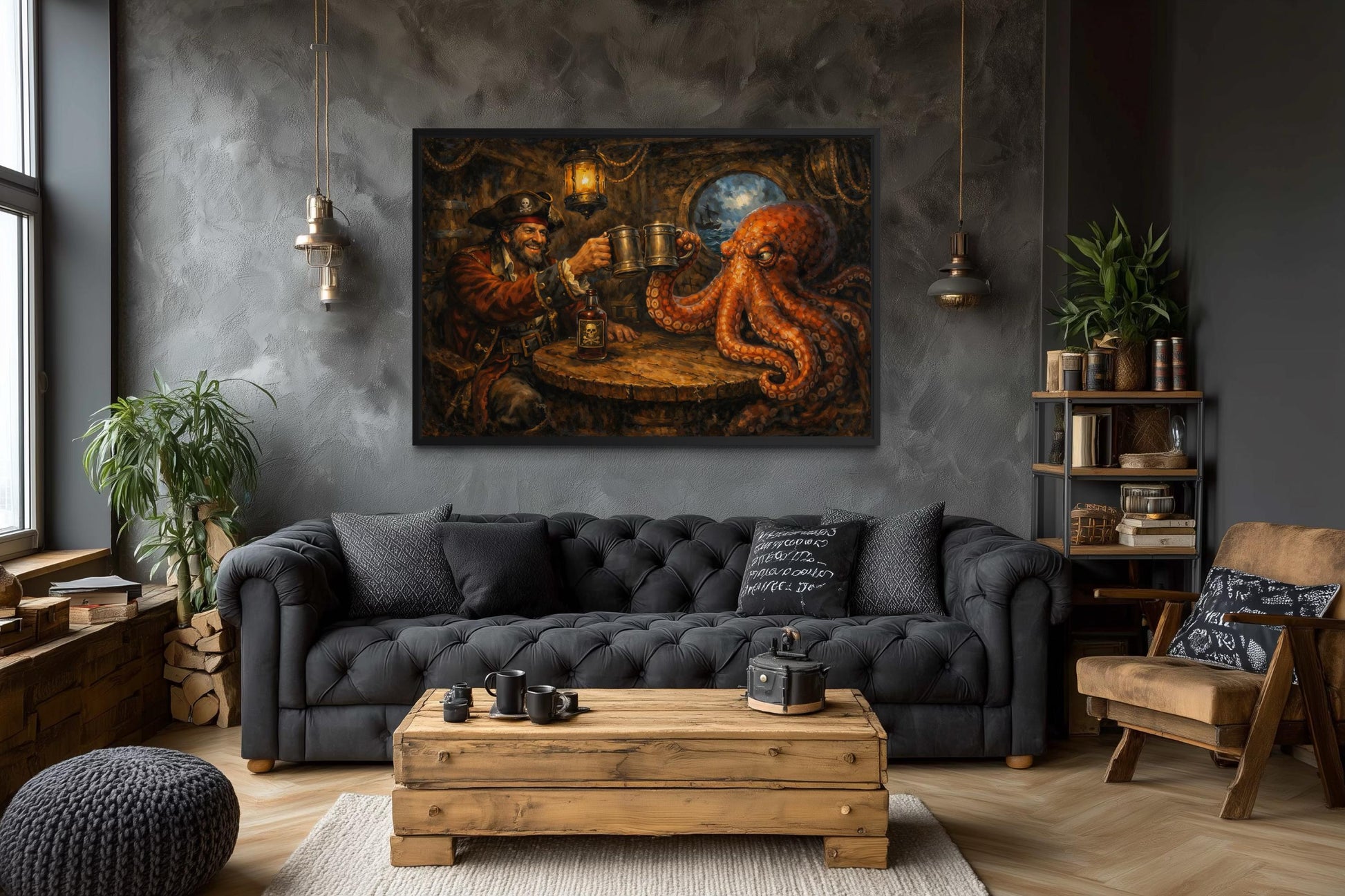 Bar Wall Art - Pirate and Octopus Drinking Rum Nautical Painting Canvas Print