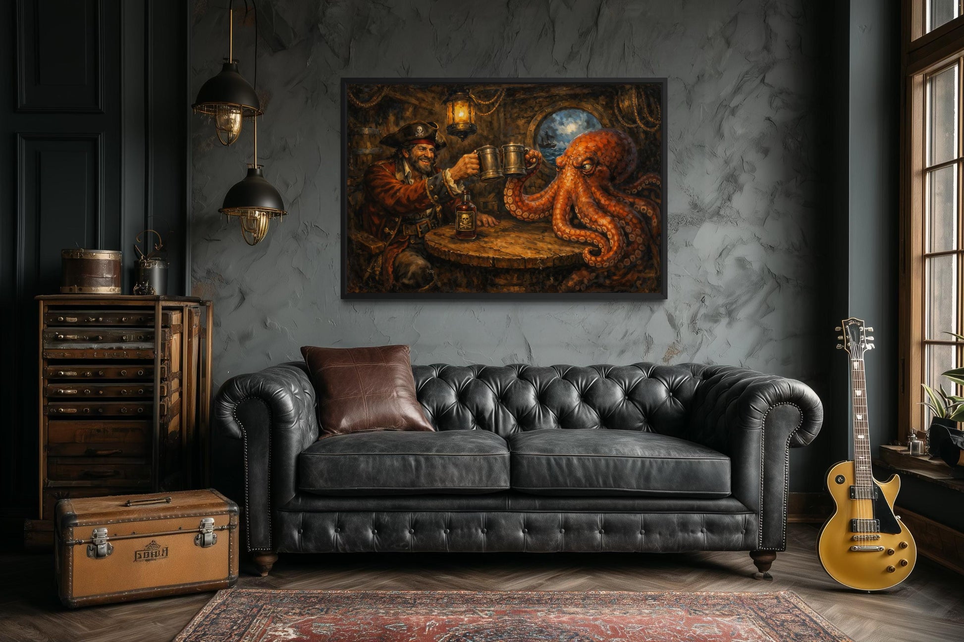 Bar Wall Art - Pirate and Octopus Drinking Rum Nautical Painting Canvas Print