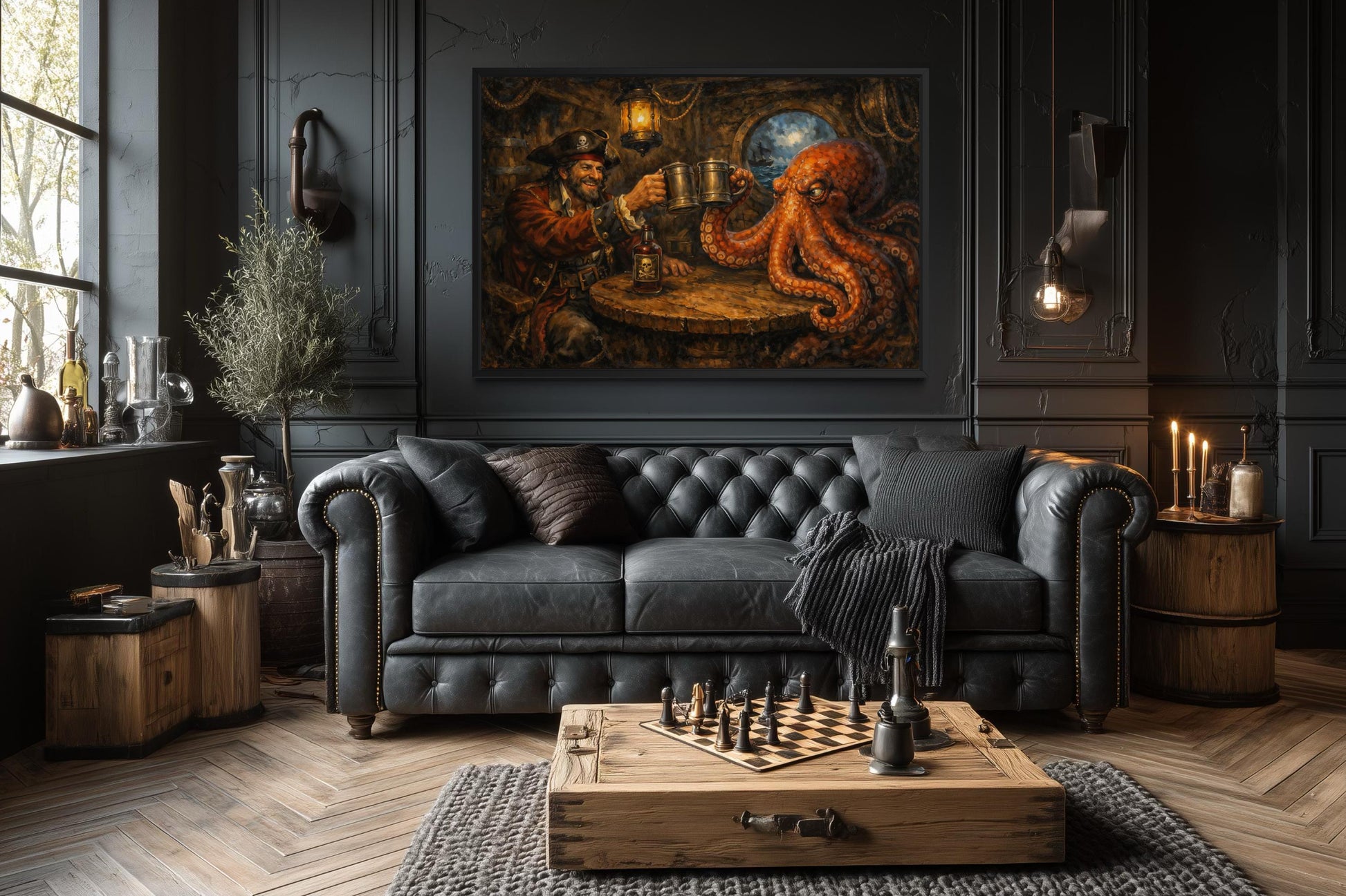 Bar Wall Art - Pirate and Octopus Drinking Rum Nautical Painting Canvas Print