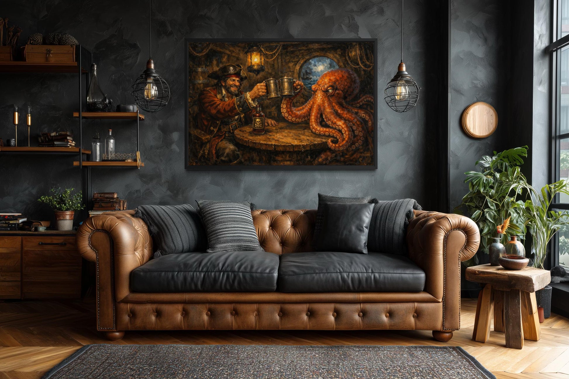 Bar Wall Art - Pirate and Octopus Drinking Rum Nautical Painting Canvas Print