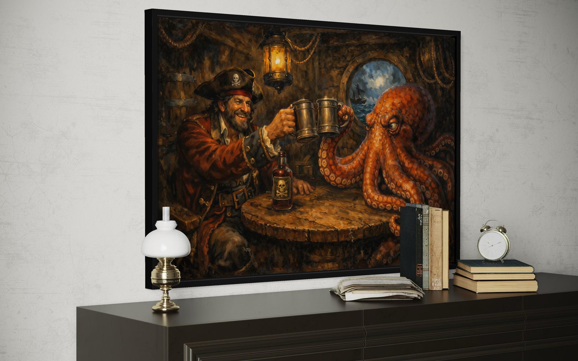 Bar Wall Art - Pirate and Octopus Drinking Rum Nautical Painting Canvas Print