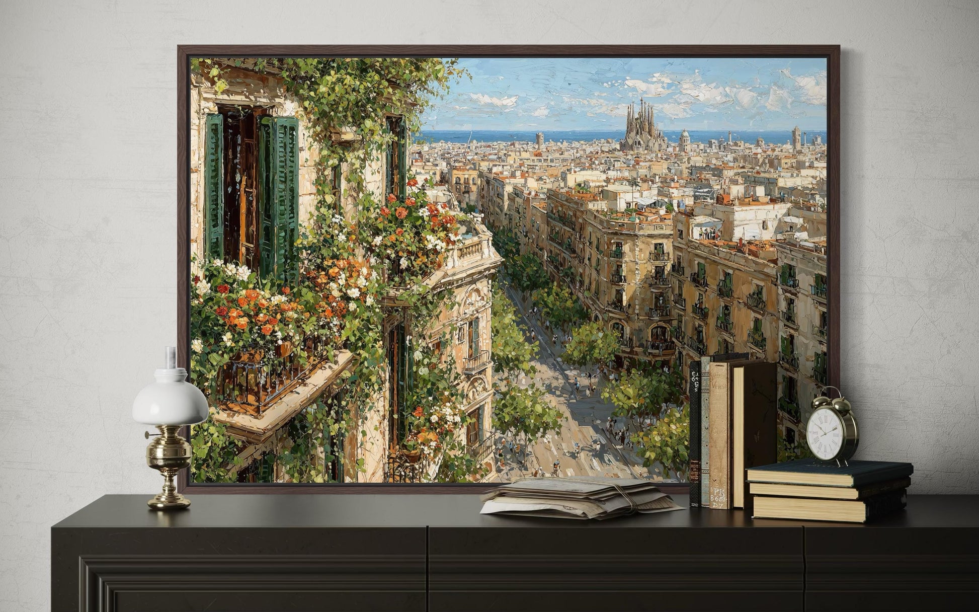 Barcelona Cityscape Wall Art - Floral Balcony Artwork | European Street Painting Canvas Print