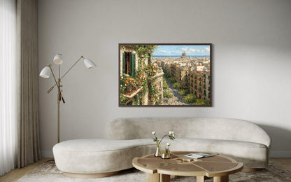Barcelona Cityscape Wall Art - Floral Balcony Artwork | European Street Painting Canvas Print