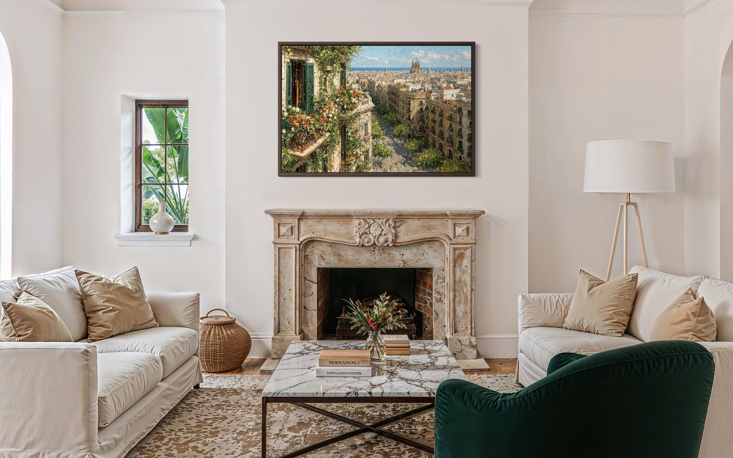 Barcelona Cityscape Wall Art - Floral Balcony Artwork | European Street Painting Canvas Print