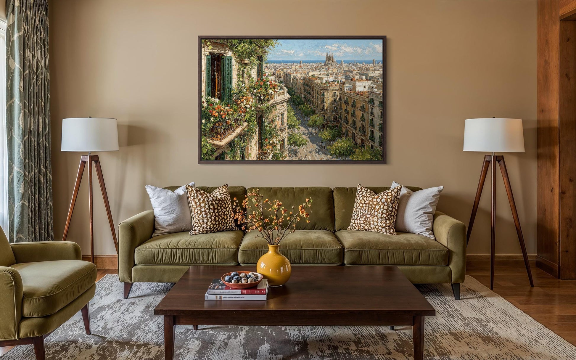 Barcelona Cityscape Wall Art - Floral Balcony Artwork | European Street Painting Canvas Print