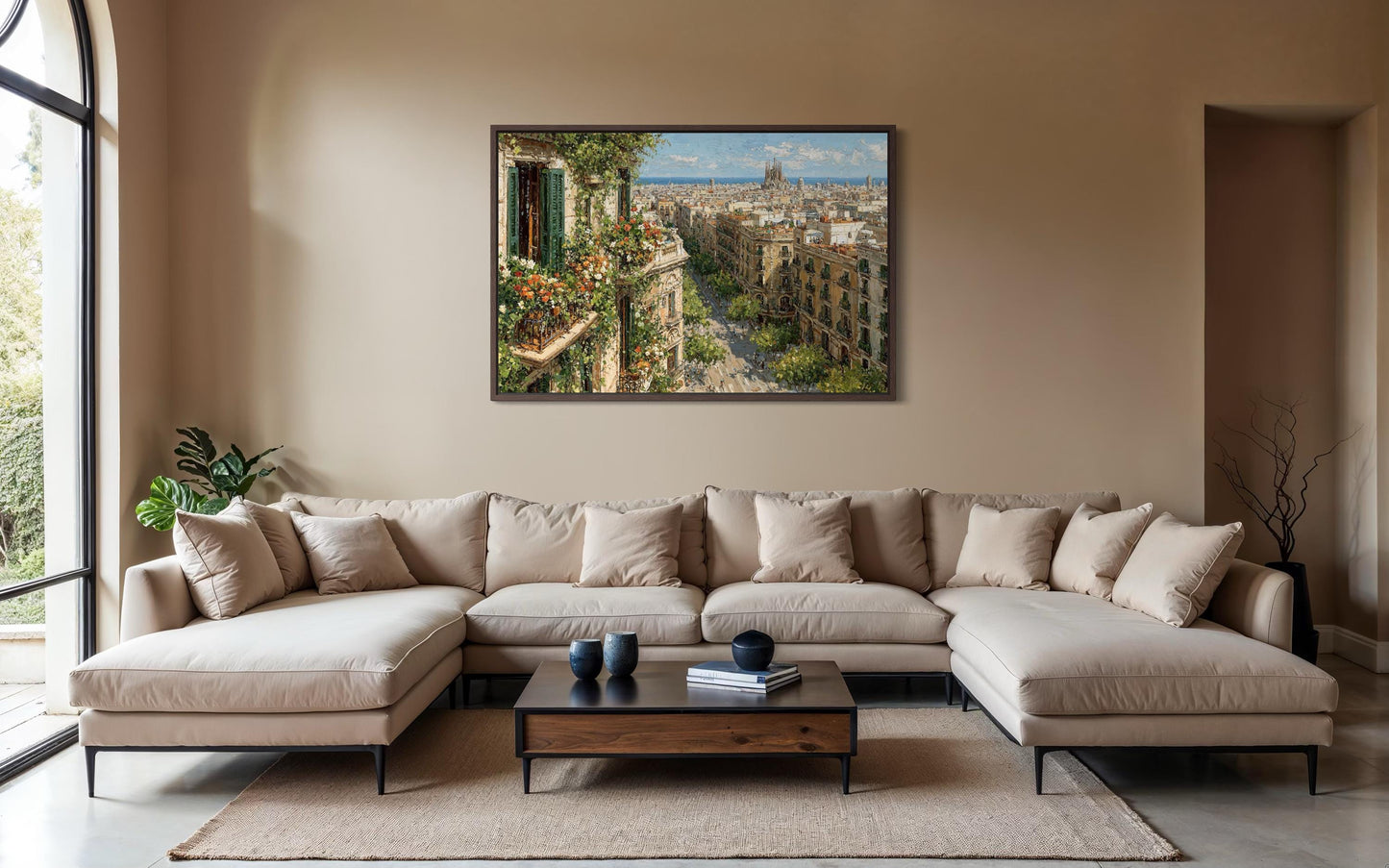 Barcelona Cityscape Wall Art - Floral Balcony Artwork | European Street Painting Canvas Print