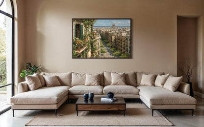 Barcelona Cityscape Wall Art - Floral Balcony Artwork | European Street Painting Canvas Print