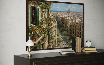 Barcelona Cityscape Wall Art - Floral Balcony Artwork | European Street Painting Canvas Print