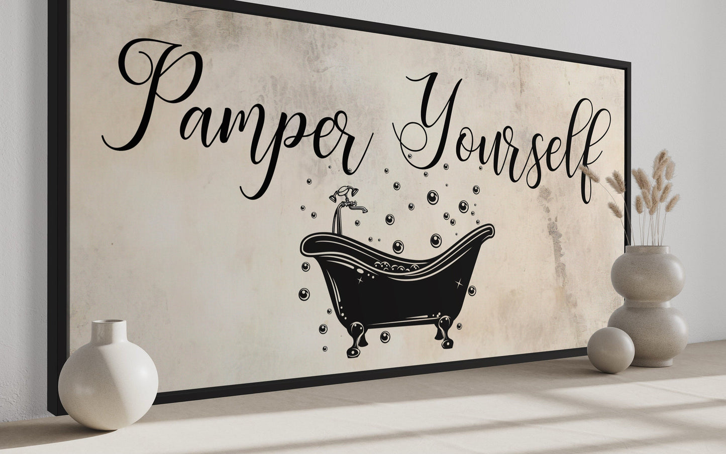 Bathroom Wall Art, Beige Neutral Pamper Yourself Sign Canvas Print