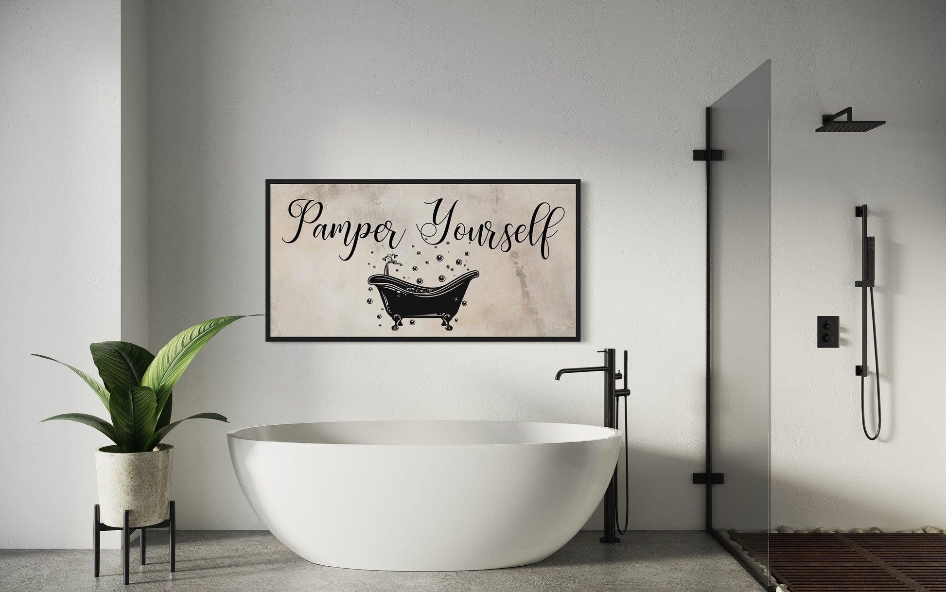 Bathroom Wall Art, Beige Neutral Pamper Yourself Sign Canvas Print