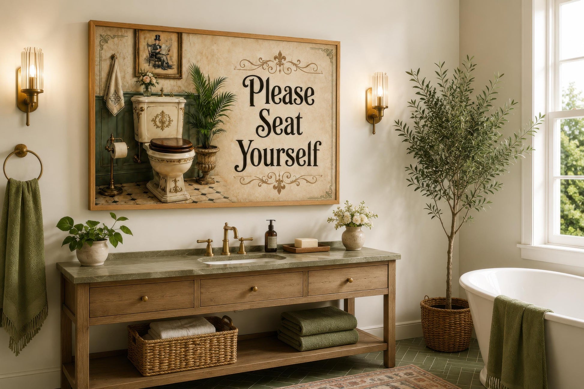Bathroom Wall Art – Please Seat Yourself Sign | Funny Bathroom Art Canvas Print