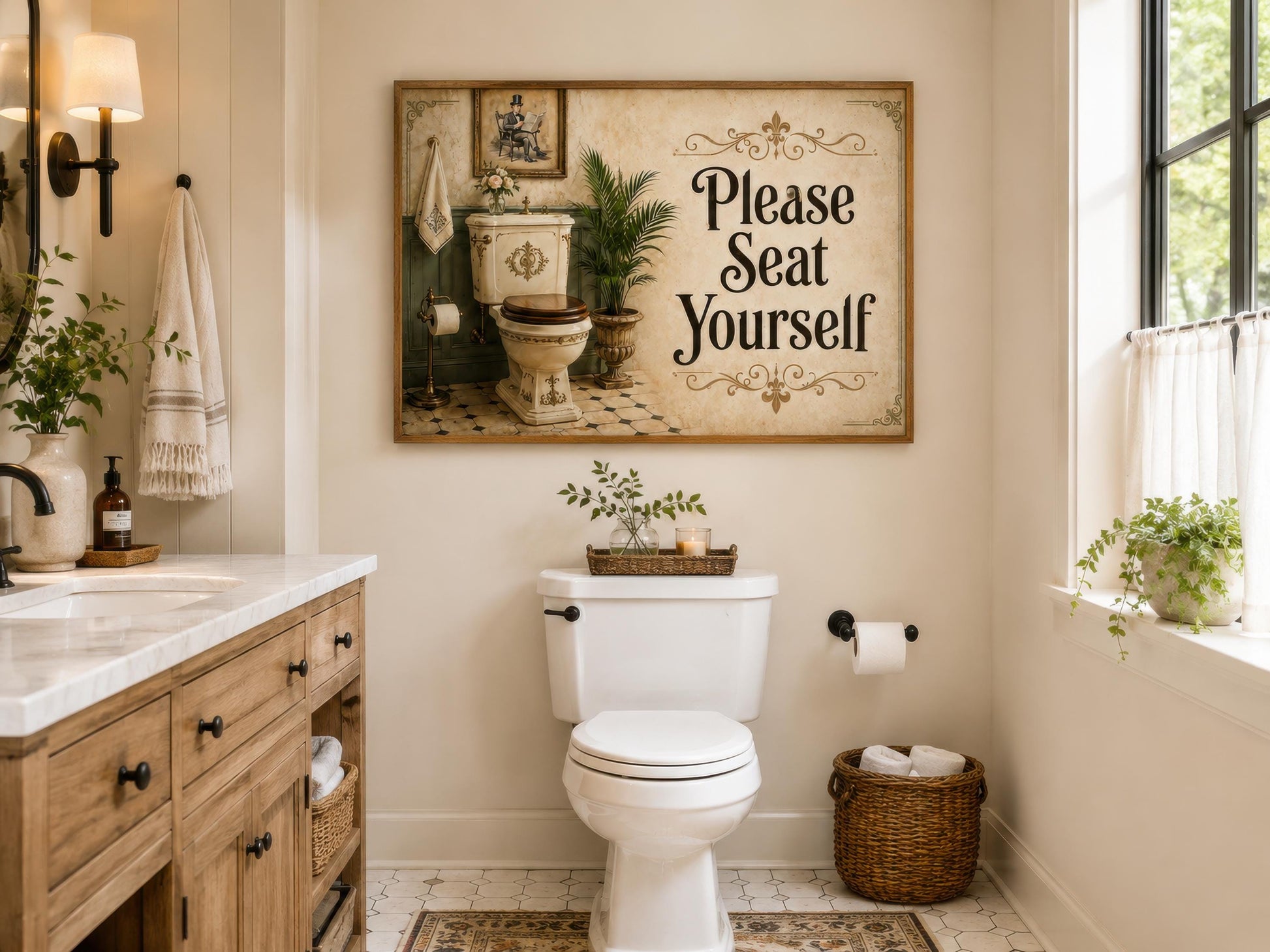 Bathroom Wall Art – Please Seat Yourself Sign | Funny Bathroom Art Canvas Print